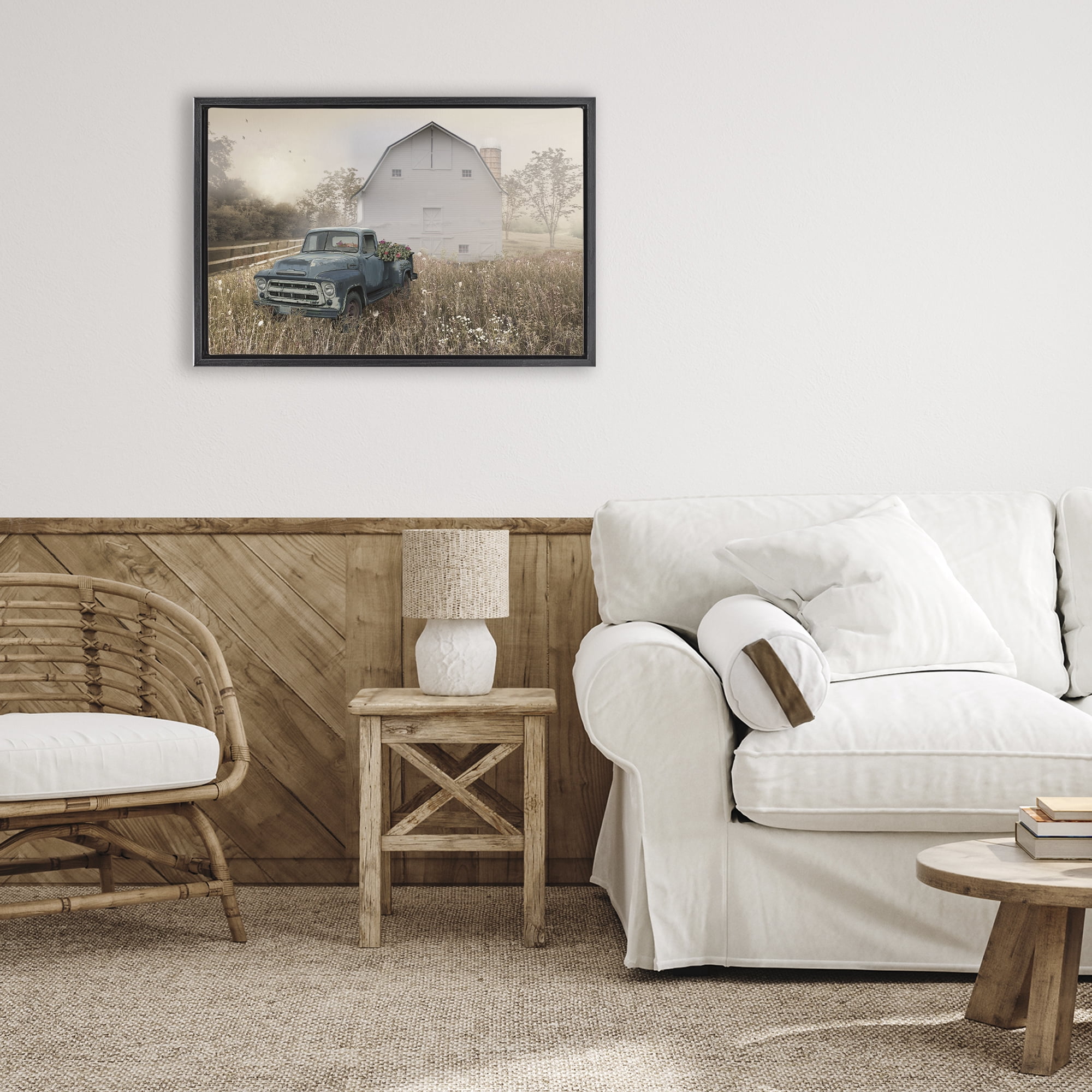 Stupell Industries Vintage Pickup in Wildflowers Black Framed Floater Canvas Wall Art, design by Nan