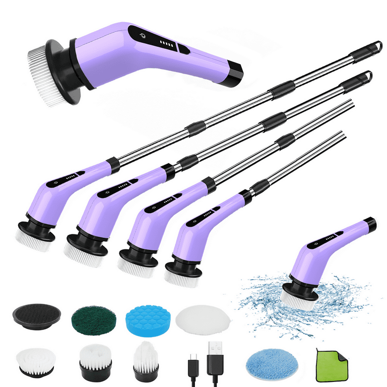 Untimaty Electric Spin Scrubber, Cordless Cleaning Brush with 8 Replaceable Brush Heads, Extension Handle for Tub, Tile, Wall, Bathroom, White