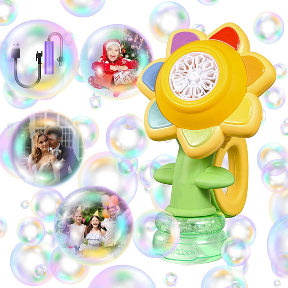 Flower Bubbles Machine for Kids, Rechargeable Bubble Maker Blower Toys with Lights & Swing Dance for Toddlers Ages 1-3