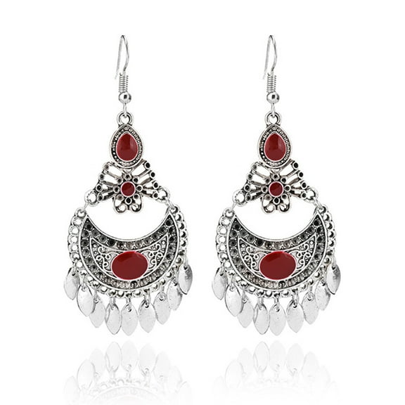 Grandest Birch Women Dangle Hollow Charm Hook Earrings Wedding Jewelry Gift Bohemia Alloy, Rhinestone Red