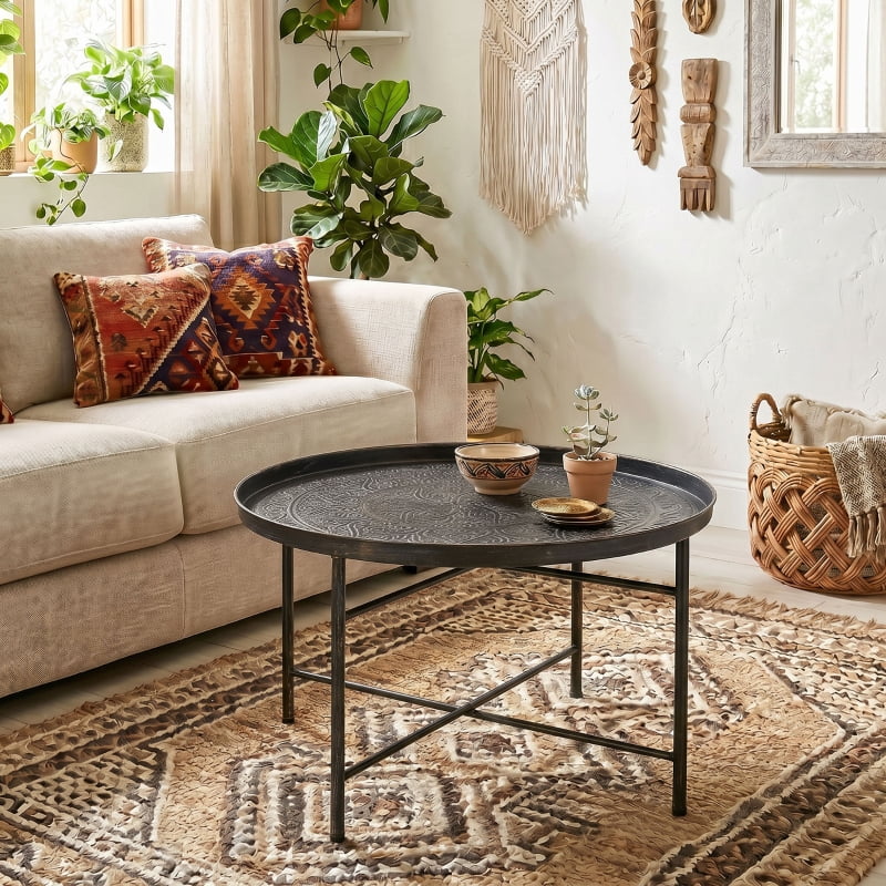 Alvantor Round Coffee Table with Hammered Tray Top & Metal Frame 24"x24"x15.7" Pewter