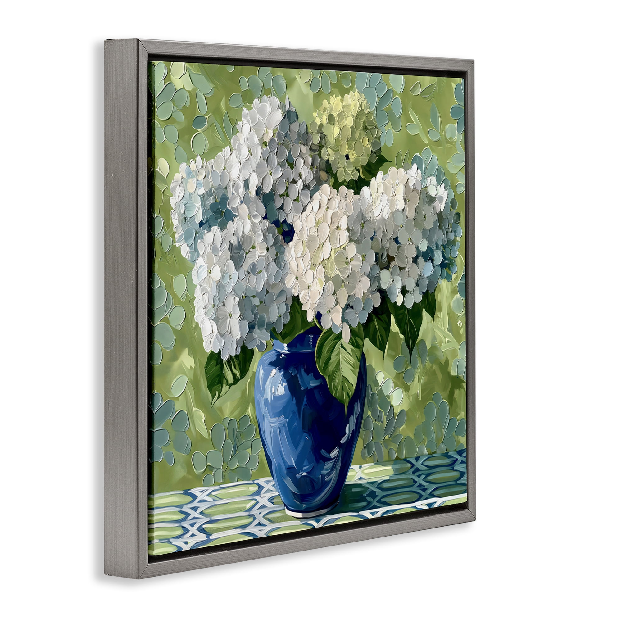 Stupell Industries White Hydrangeas in Blue Vase Gray Framed Floater Canvas Wall Art, design by Gina Kelly