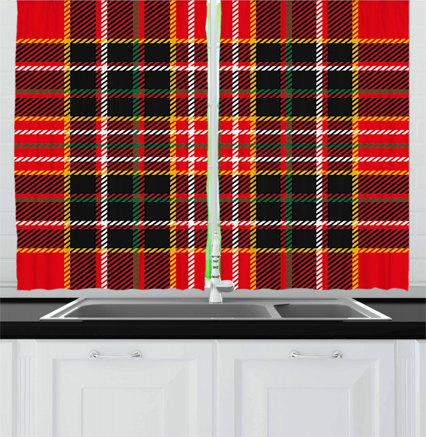 Red Plaid Curtains 2 Panels Set, Vertical and Horizontal Lines Tartan