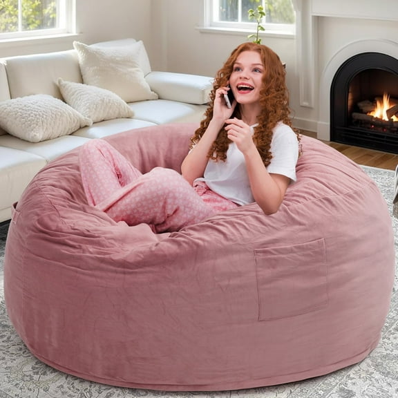 LOGYAT Extra Large 4ft Bean Bag Chair, Memory Foam Filling, Washable Soft Suede Cover, Reinforced Zipper, for Adults, Teens, Pink