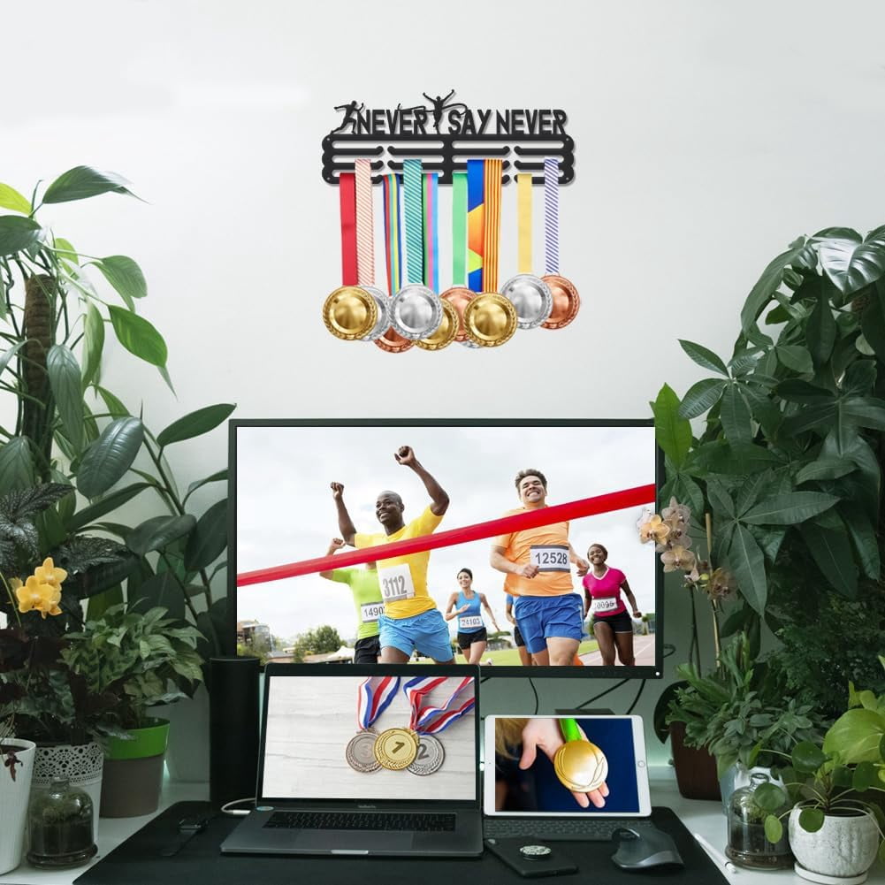 Medal Hanger Display Running Medal Holder Awards Holder Metals Ribbon Display Stainless Steel Medal Holder Never Say Never Sports Medal Hanger Display Award Ribbon Holder for Athletes Black 1set