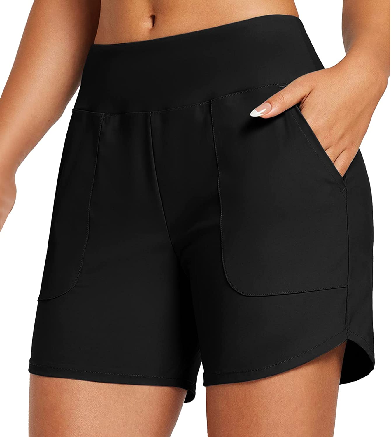 DabuLiu Swim Shorts Women High Rise Plus Size Board Shorts Black