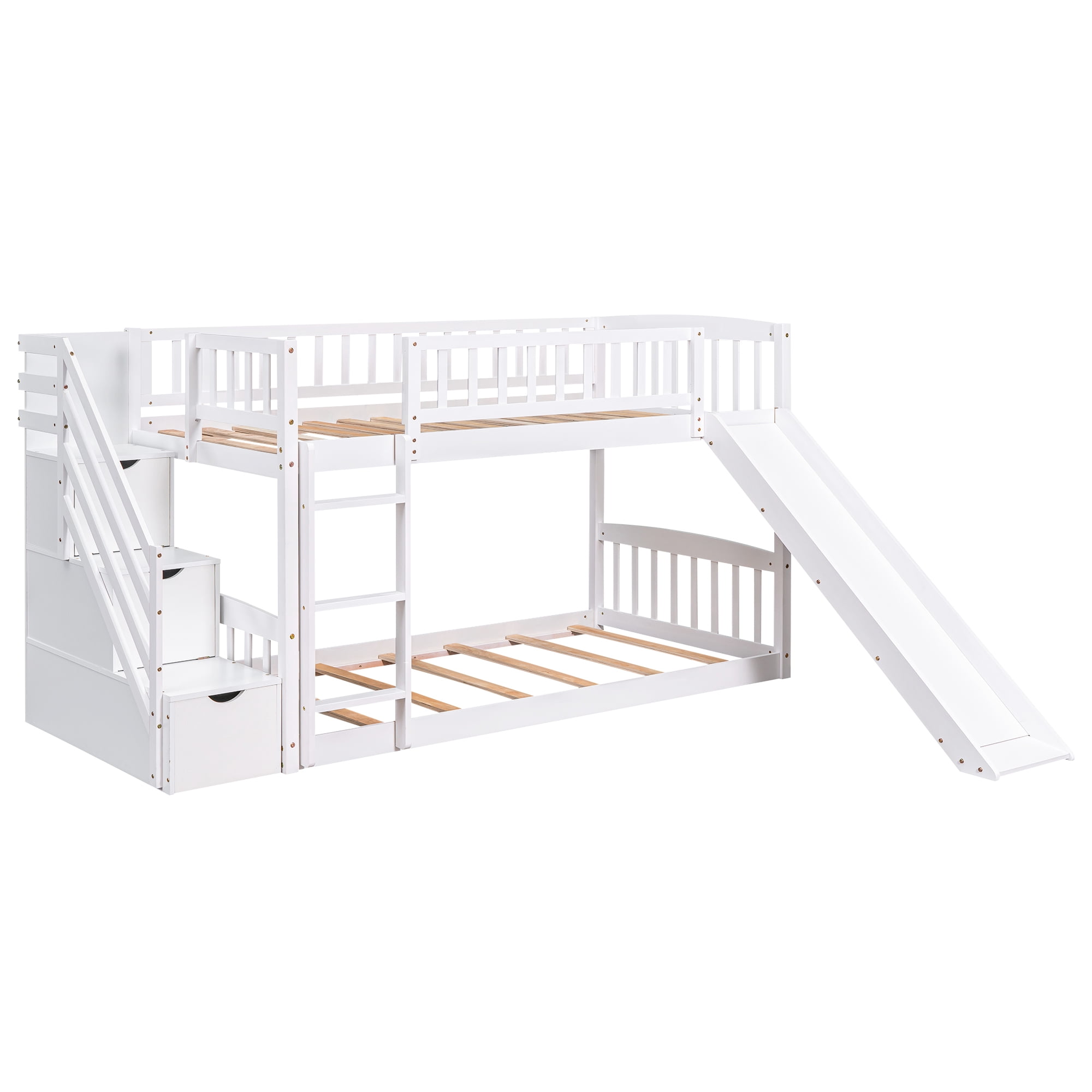 Mintazer Twin Over Twin Bunk Bed with Storage Staircase & Convertible Slide, Kids Bunk Bed Frame with Guardrails & Ladder, No Box Spring Needed, White