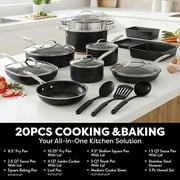 Granitestone 20 Pc Complete Pots and Pans Set Non Stick, Pot and Pan Set Cookware Set with Deep Frying Pan and Bakeware, Non Stick Pots and Pan Set with Utensils, Oven/Dishwasher Safe, Black