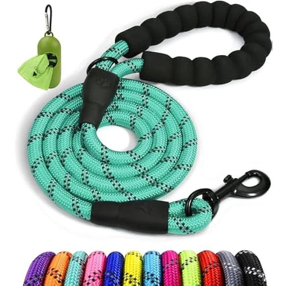 Eryueer Rope Dog Leash 5 FT with Comfortable Padded Handle, Highly Reflective Threads Leash and Anti-Tangle Clip for Walking Small Dogs, 3/8 inch, Turquoise