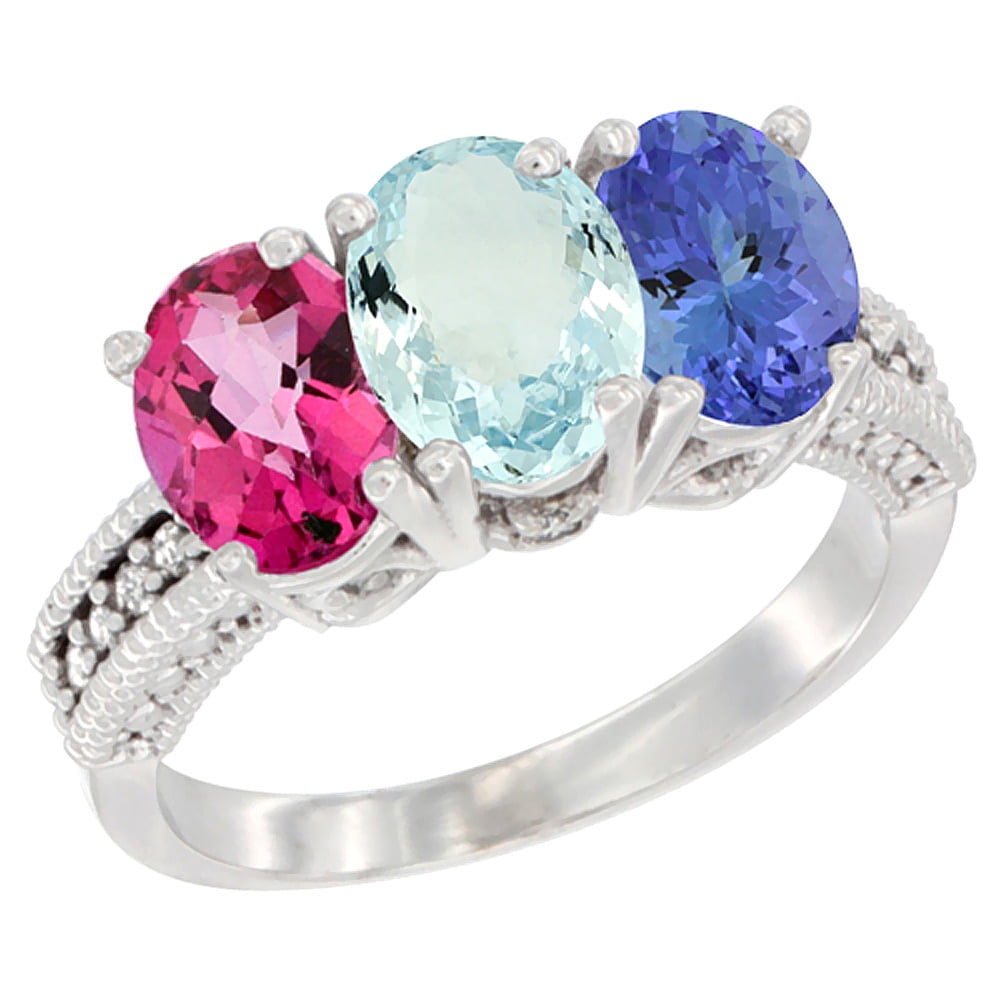 14K White Gold Natural Pink Topaz, Aquamarine & Tanzanite Ring 3-Stone 7x5 mm Oval Diamond Accent, sizes 5 10 by WorldJewels