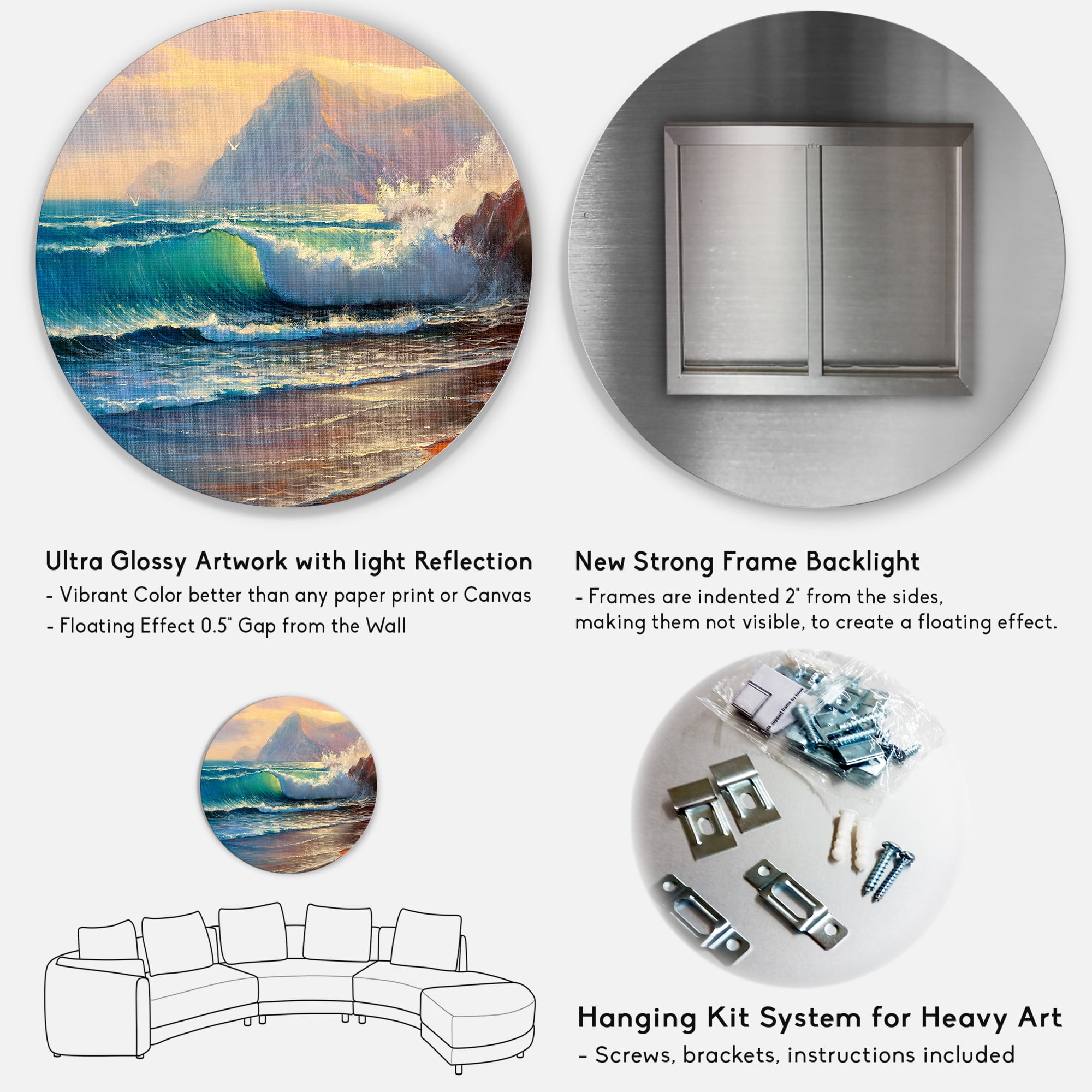 Designart 'Sunrise Glow On The Sea Waves III' Nautical & Coastal Circle Metal Wall Art 36x36 - Disc of 36