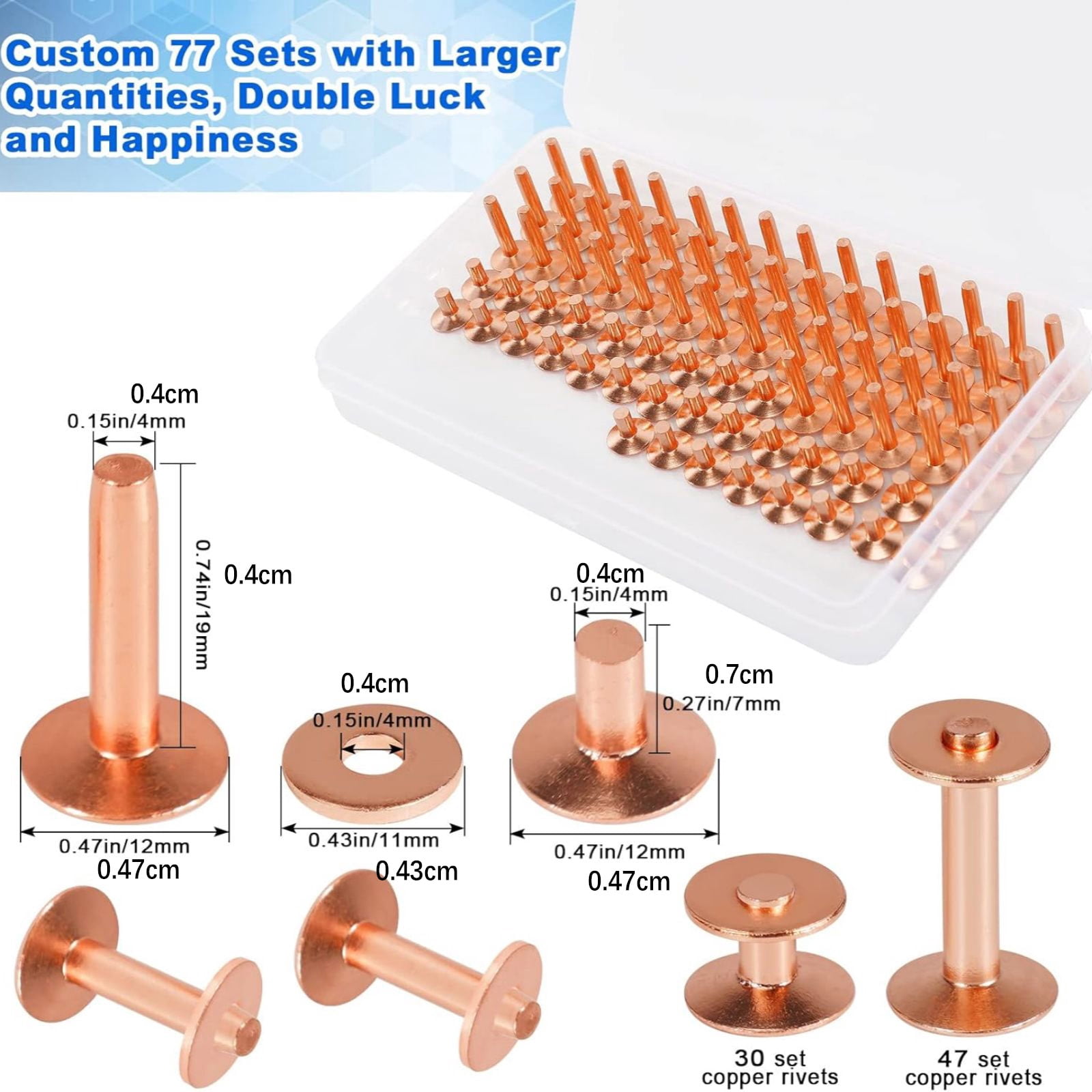 APPLAYERR Leather Rivet Kit 77 Set Solid Copper 12mm Smooth Face 2 Lengths for Belts Bags Wallets Straps Leatherworking