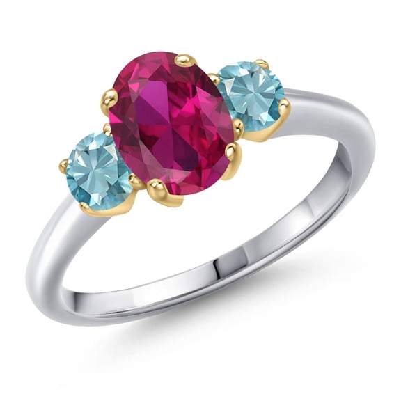 Gem Stone King 925 Silver and 10K Yellow Gold Red Created Ruby and Blue Zircon Engagement Ring for Women | 2.35 Cttw | Oval 8X6MM | Gemstone July Birthstone | Size 6