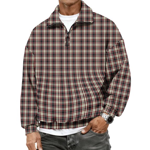 Nestiefly Flannel Shirt for Men 2026 Fashion Long Sleeve Plaid Quarter Zip Henley Pullover Sweatshirts Casual Fall Clothes Beige S