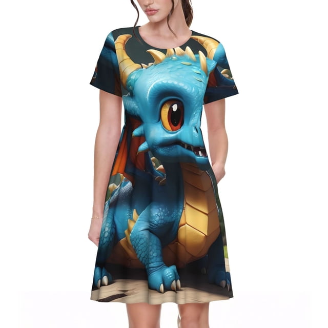 Fotbe Adorable Blue Baby Dragon Vestido Largo de Moda para Mujer, Vestido Tipo Camiseta con Manga Corta y Estilo Casual a Rayas y Bloques de Color