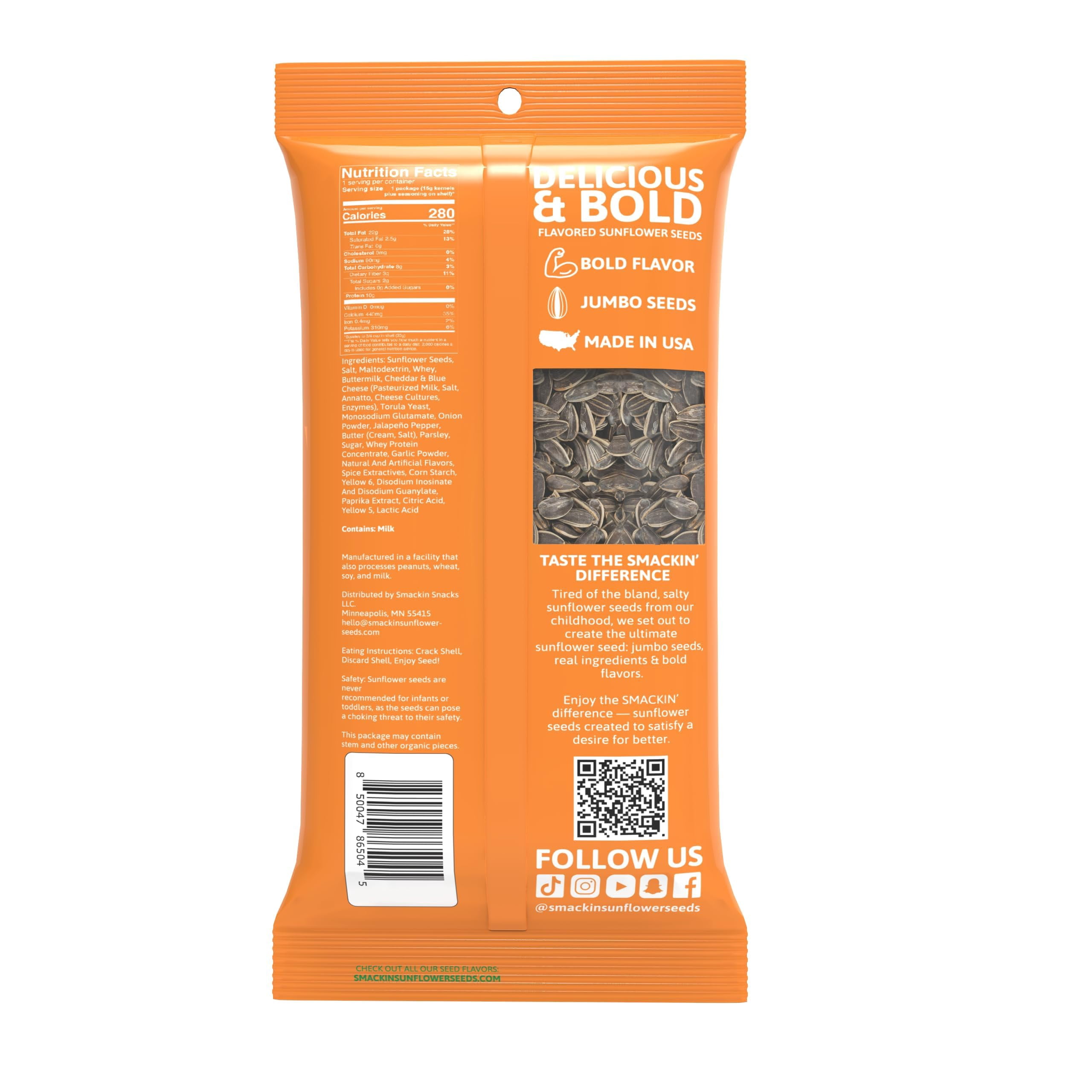 SMACKIN' Sunflower Seeds, Roasted Jumbo Small-Batch, American Made - Cheddar Jalapeño. 1.5oz bags (54 Pack Bucket)