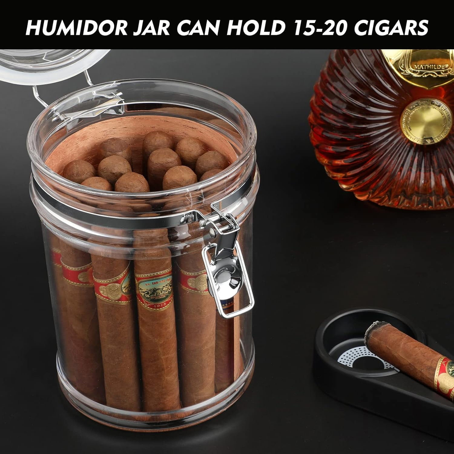 Acrylic Humidor Jar with Humidifier and Hygrometer,humidor That can Hold About 18 Cigars (Clear)