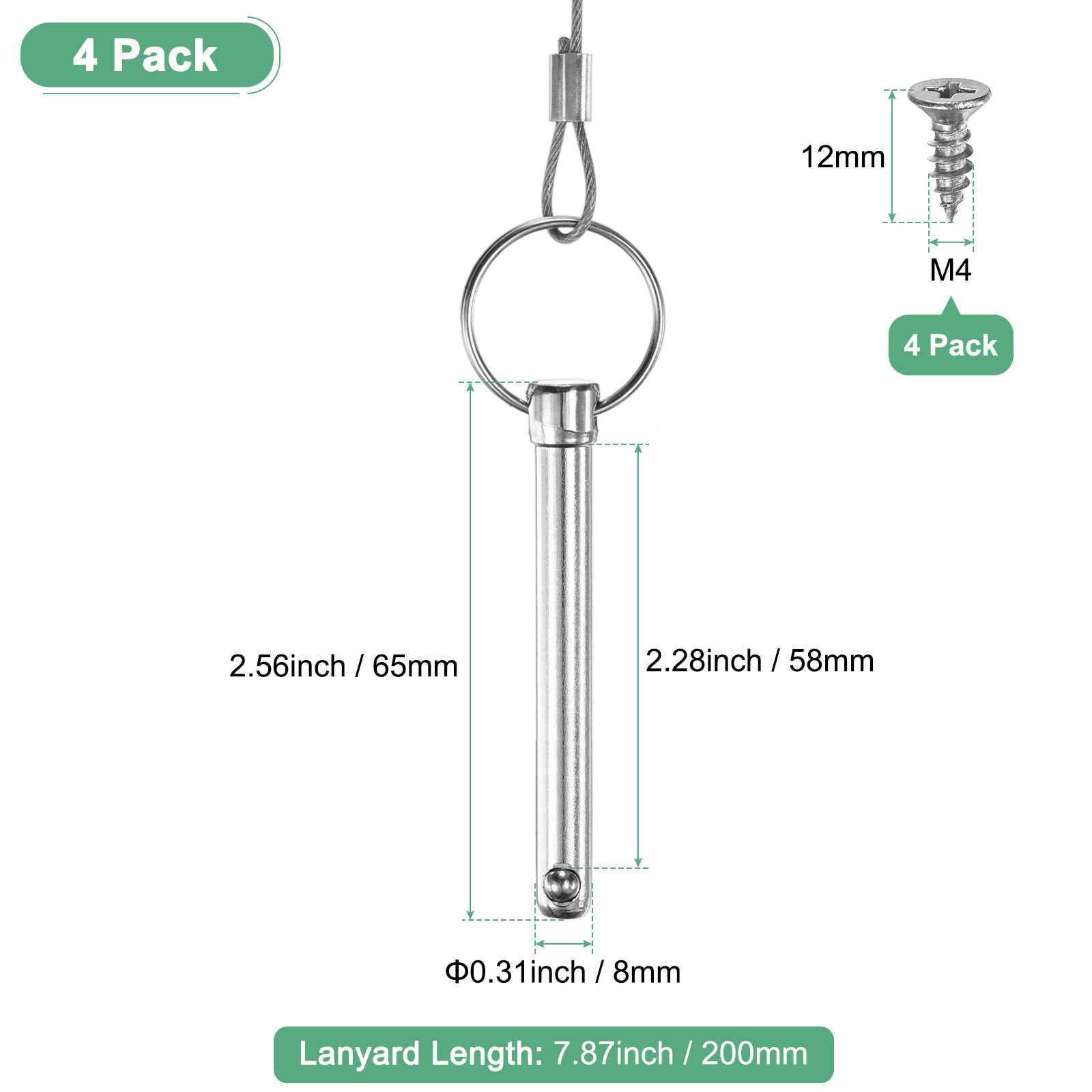 Uxcell 2-Pack Quick Release Pins, 1/4"(6mm) Diameter, 1.06"(27mm) Usage Length Bimini Top Pin W/Lanyard & Screws, 1.57"(40mm) Long Hardware Pins