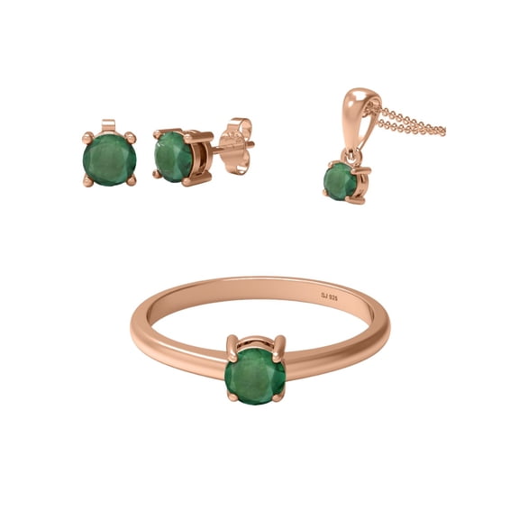 1.08 Ct Round Emerald 925 Sterling Silver Rose Vermeil Solitaire Ring Pendant Earring Set Jewelry