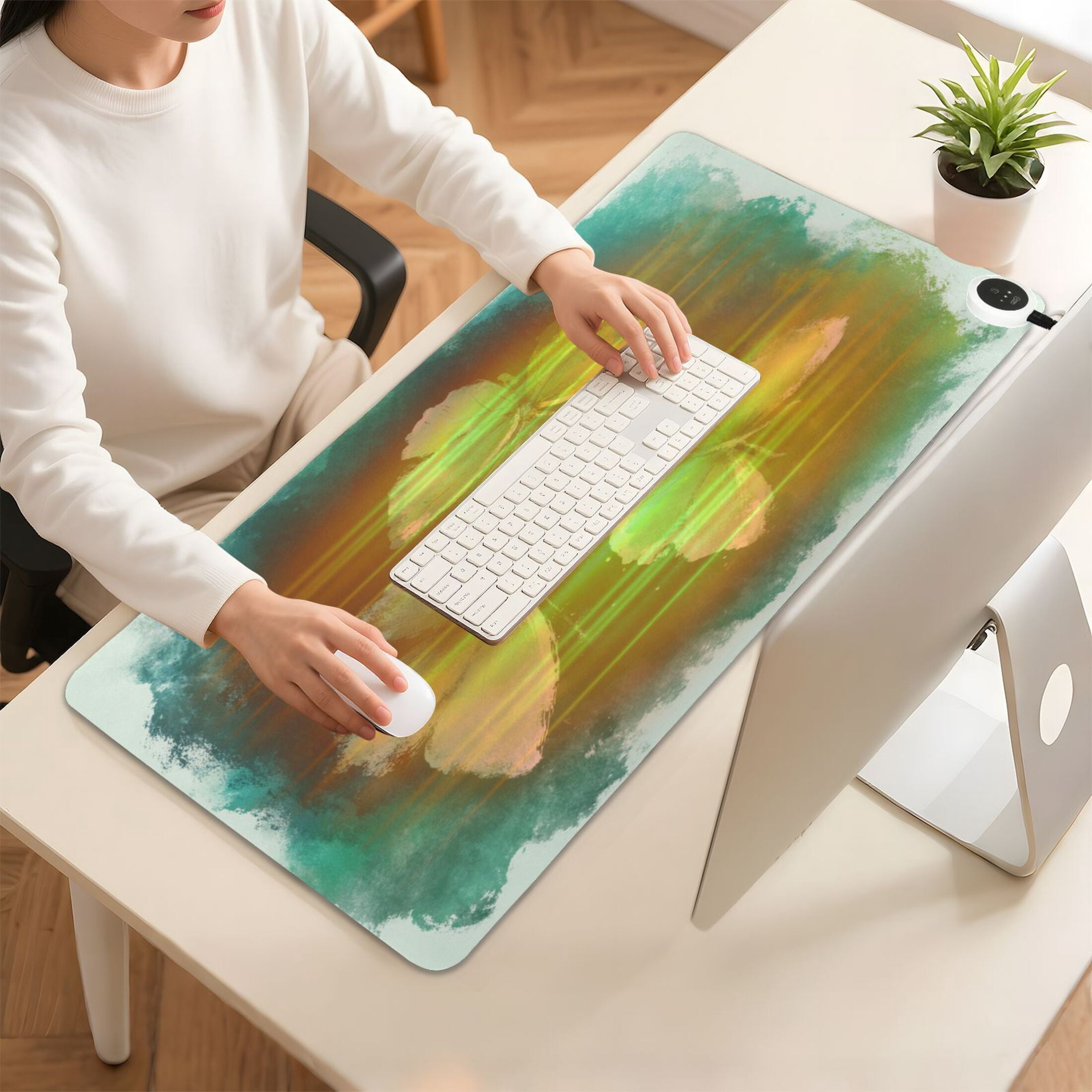 Large Heated Desk Mat Mouse Pad 31.5"x13"PU Leather Graphene Heating Desk Warmer with 3 Temperature Settings 110V US Plug Non-Slip Warm Pad for Home, Office, and Gaming Deep Green Butterfly Whisper