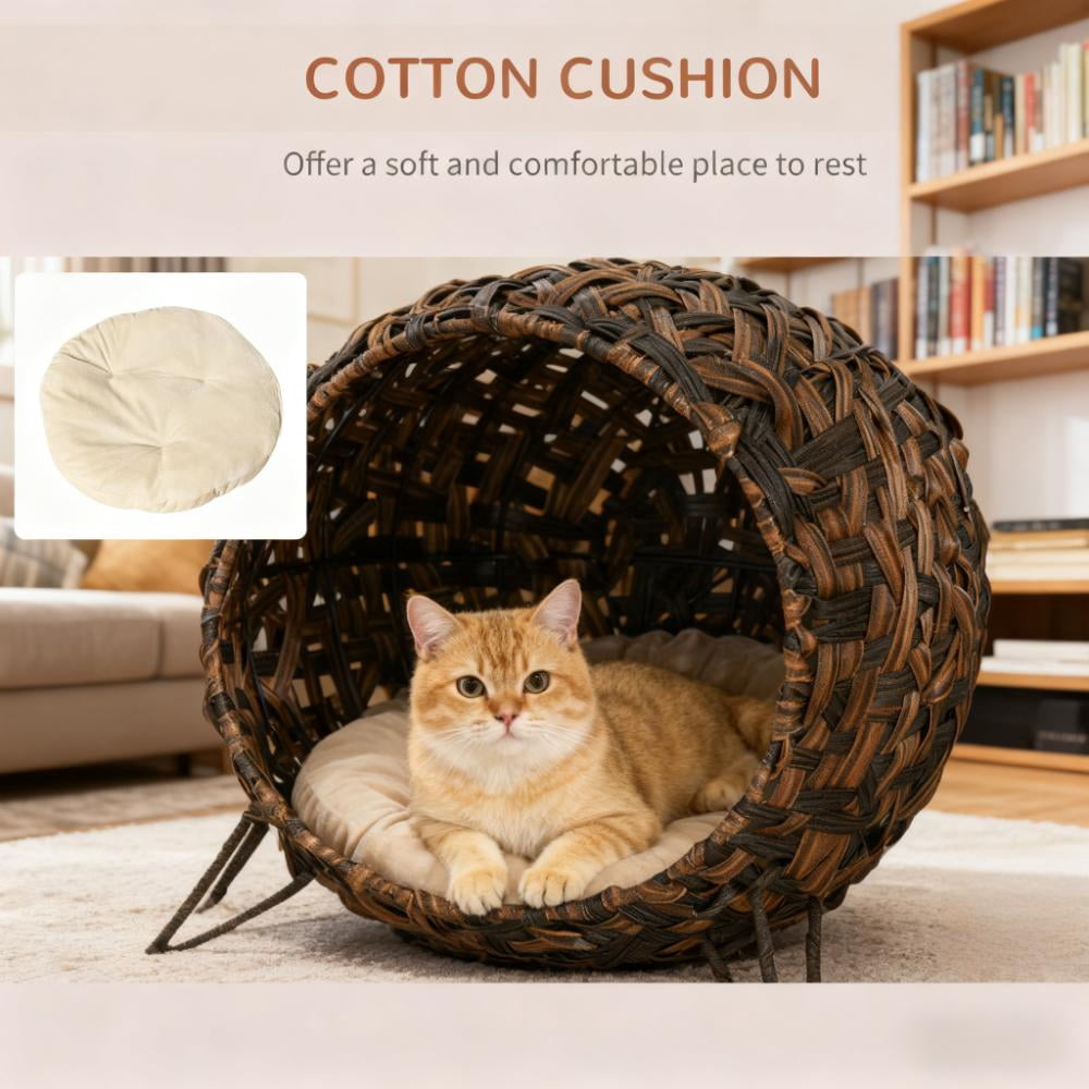Elevated Hand-Woven Banana Leaf Cat House, Brown Wicker Cat Condo with Soft Cushion, Metal Tripod Base, Ventilated Enclosed Cat Bed for Cats Under 11 lbs