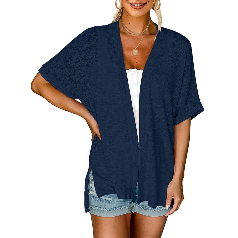 JGGSPWM Womens Solid Shrugs Tops Lightweight Cardigan Fall 2023 Tunic Side Split Cardigans 3 4 Sleeve Shirts Dressy Casual Outwear Navy XXL