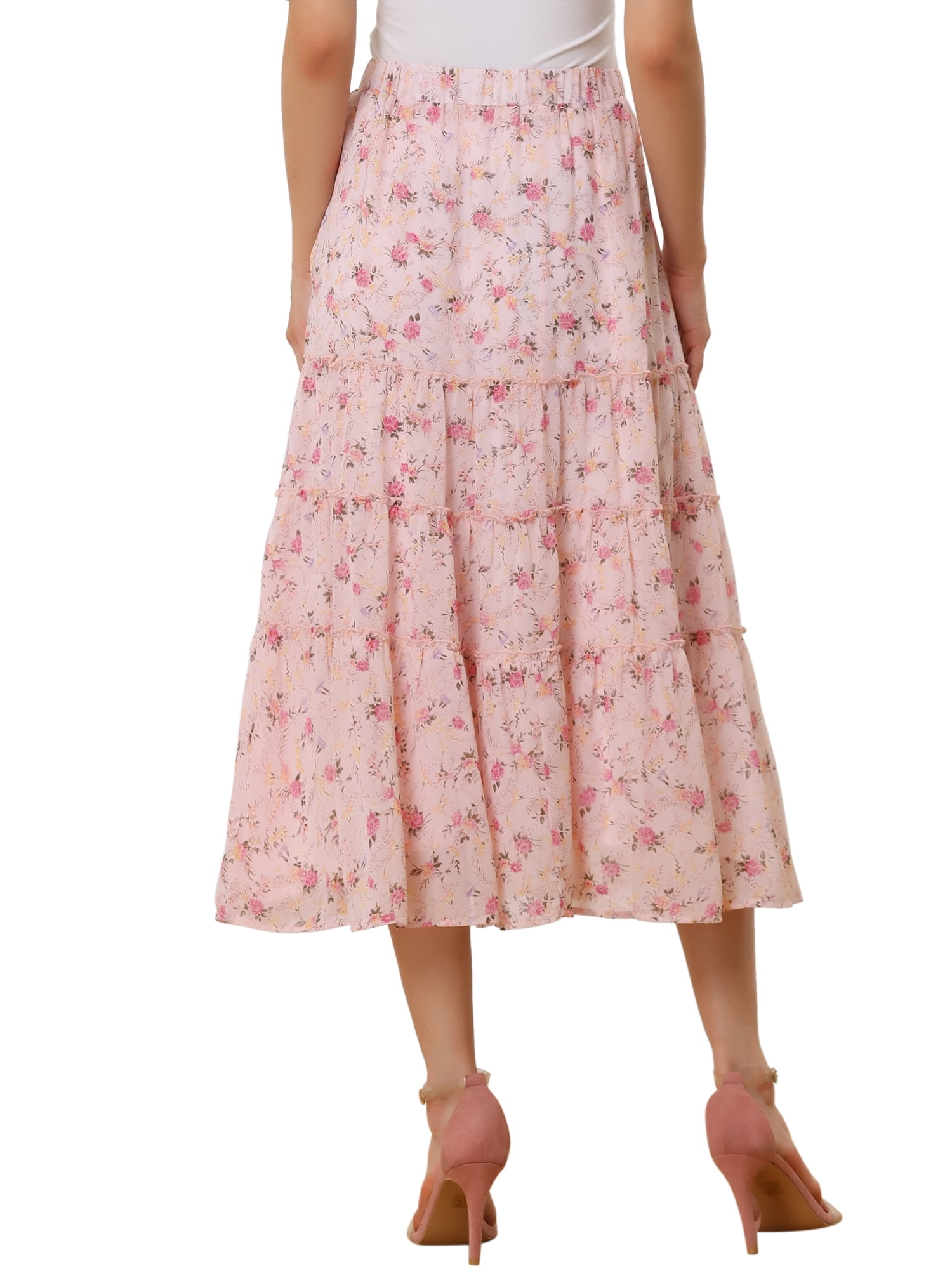 DARING DIVA Women's Chiffon Tiered A-Line Maxi Skirt XL Pink