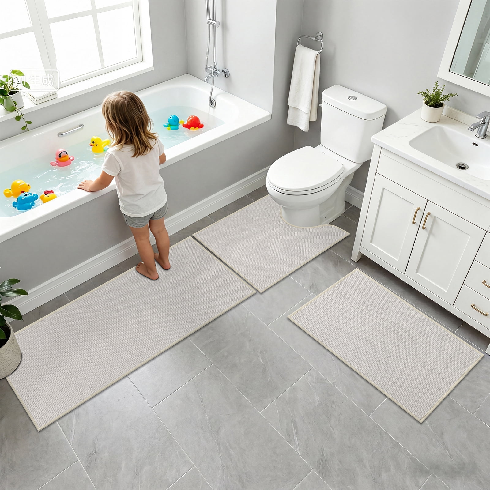 Ileading 3pcs Bathroom Rugs Set with U-Shaped Mat, Non Slip, Soft, Absorbent Bath Mats for Tub, Shower, Toilet 18"x26"+18"x48"+U Shape 20"x24" Beige