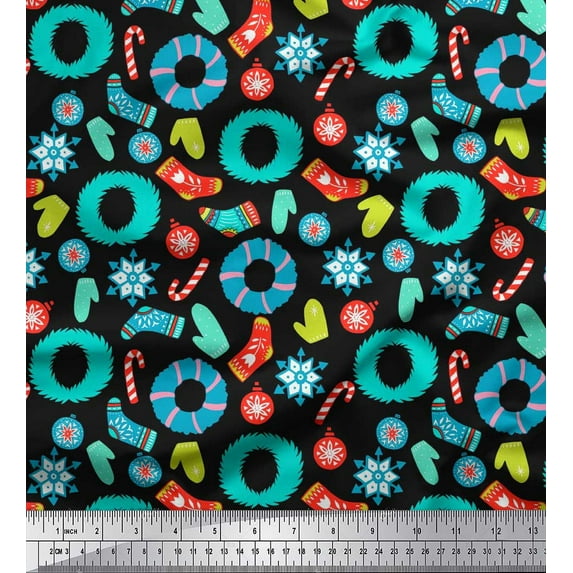 Soimoi Black Modal Satin Fabric Snowflake & Wreath Christmas Print Fabric by the Yard 42 Inch Wide
