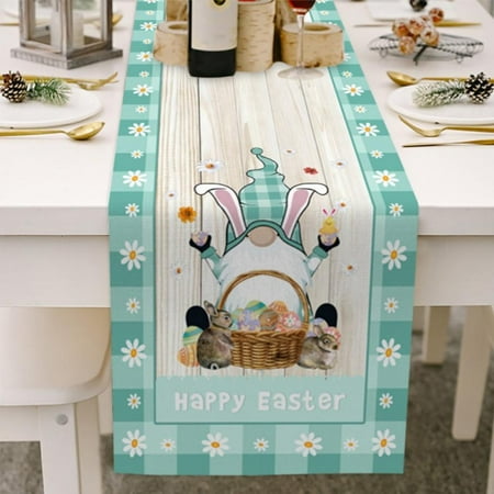 

Easter Decorations Table Runner Reusable Cotton Linen Holiday Decorations Easter Egg Bunny Gnome Dresser Scarf 13X74In