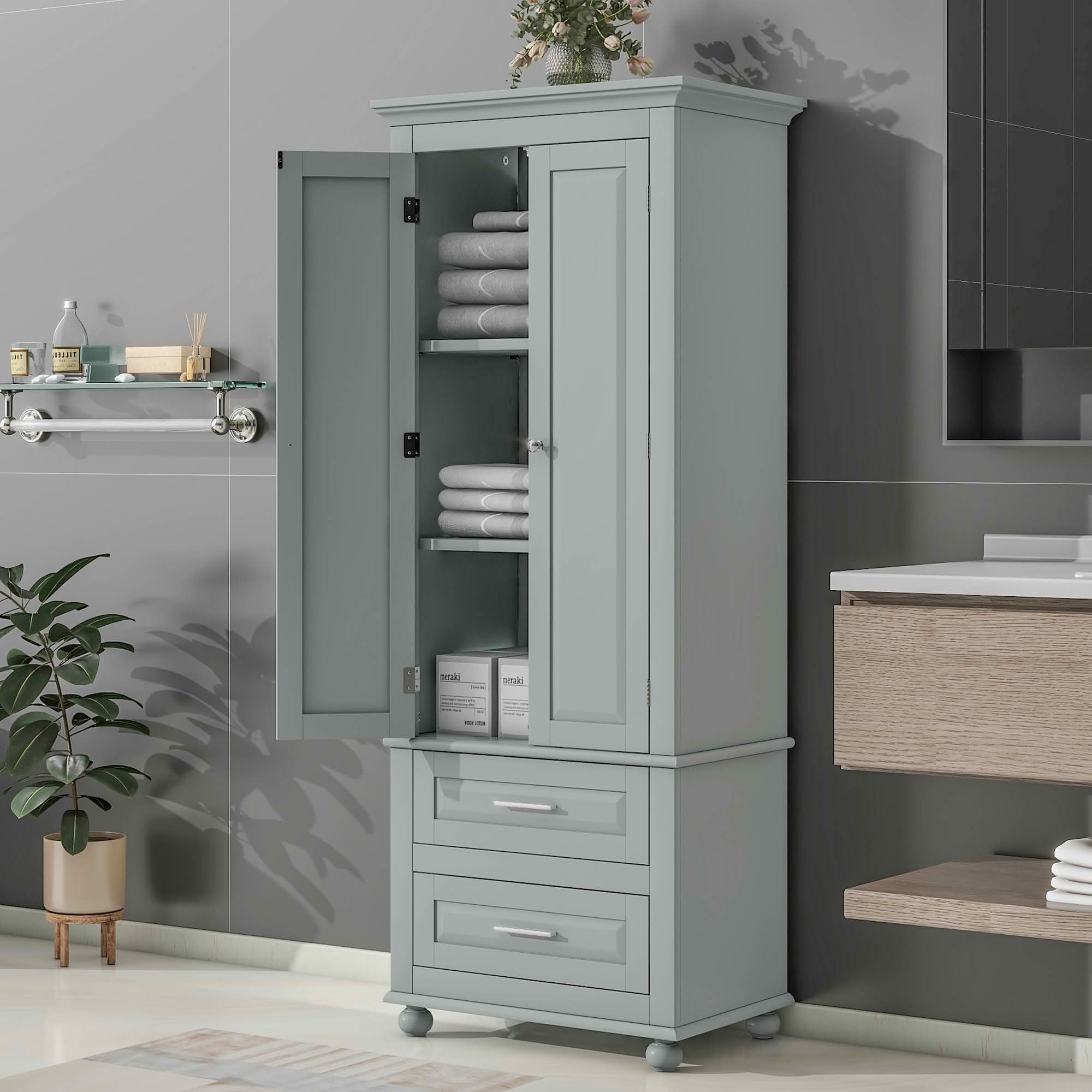 MAYEERTY Tall Storage Cabinet with 2 Drawers, Bathroom Office Use, Grey