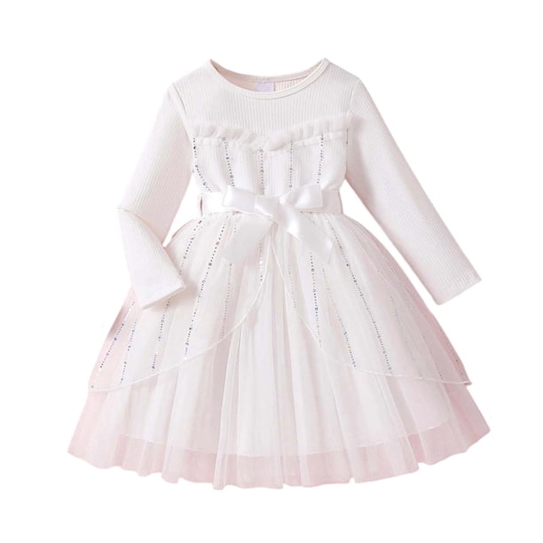 Vestido de Manga Larga para Niñas con Nudo de Arco Y Cinturón, de Moda de Color Sólido de Malla de Manga Larga para Niños 3-10 Años