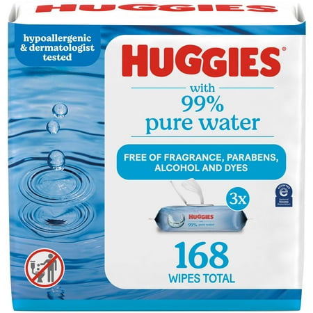 Huggies 99% Pure Water Unscented Wipes, 3 Flip-Top Packs, 168 Total Count (Select for More)