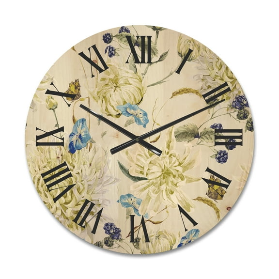 Designart 'Ancient Yellow Chrysanthemus II' Traditional Wood Wall Clock