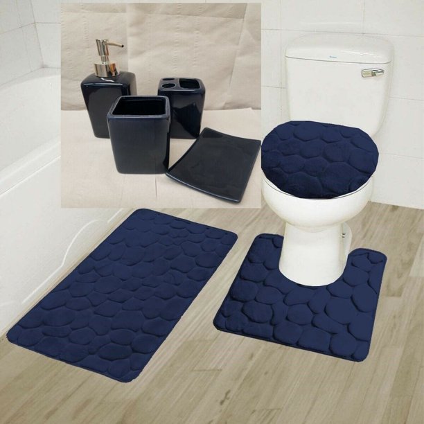 Juego de 7 alfombras de baño suaves y sólidas antideslizantes y 4 accesorios de cerámica para baño, alfombra con contorno en forma de U, tapete y tapa de inodoro, espuma viscoelástica, New Rock Navy,