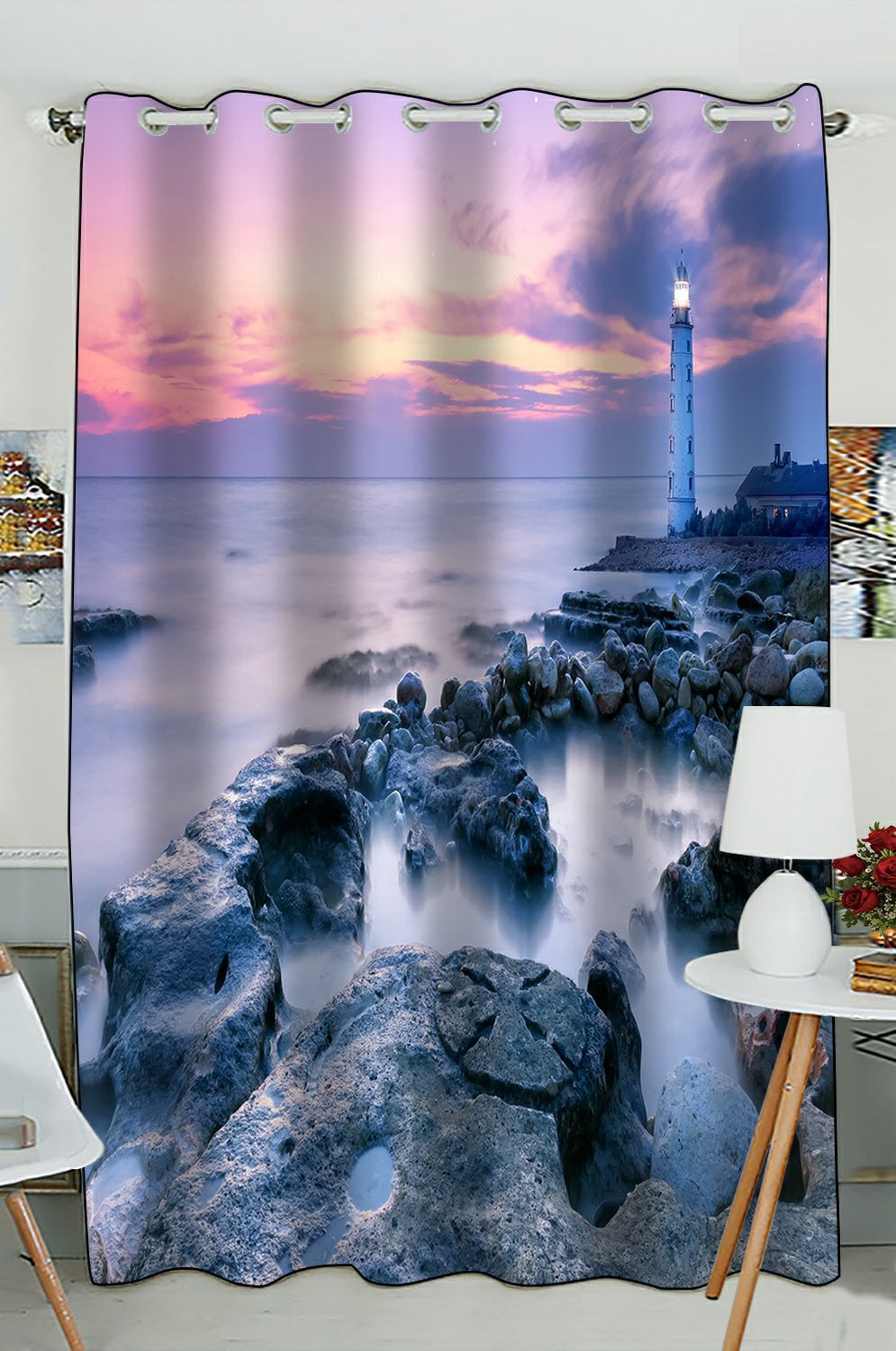 PHFZK Seascape Window Curtain, Buautiful Lighthouse at Sunset Time