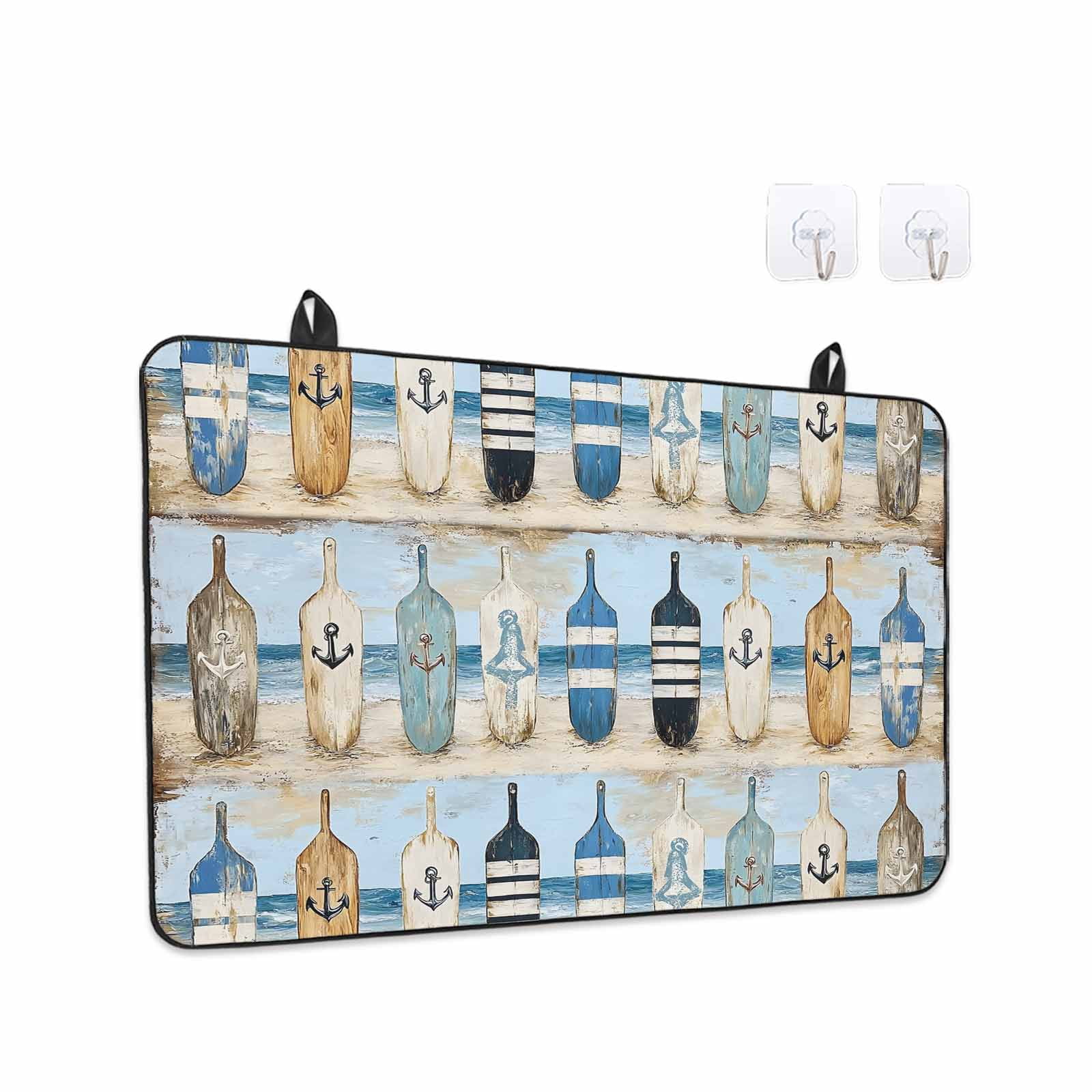 Blue Coastal Stove Top Cover for Electric Stove, Heat-proof & Non Slip Glass Top Stove Cover Protector, Ocean Nautical Anchor Wood Barn Beach Kitchen Flat Cooktop Rubber Mat 24x21 Inches