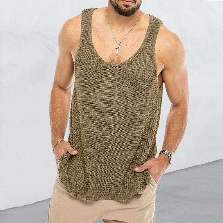 Odeerbi Men's Crochet Tank Tops Fashion 2024 Casual Solid Sleeveless Top  Hollow Out Knitting Round Neck Vest Black