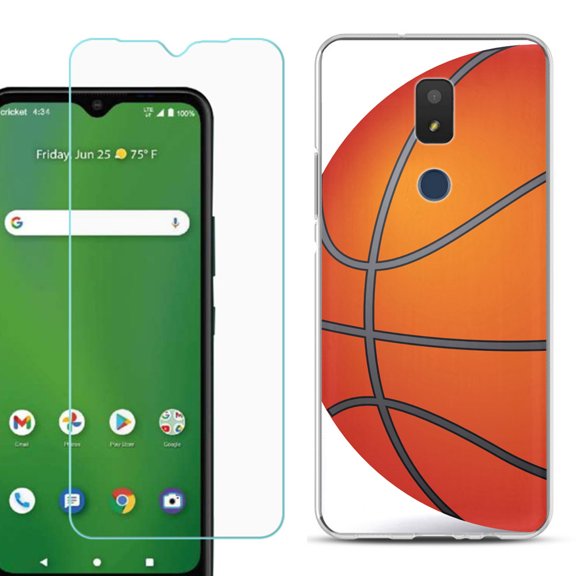 Slim-Fit TPU Fashion Phone Case for Cricket Icon 3, with Tempered Glass Screen Protector, by OneToughShield ® - Basketball