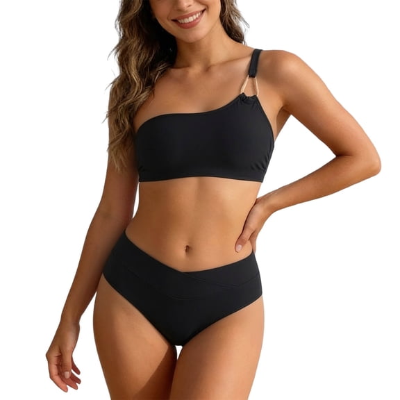 Women 2 Piece Swimsuit One Shoulder Low Rise Bikini Set Solid Color Padded Summer Beach Bathing Suit Swimwear L