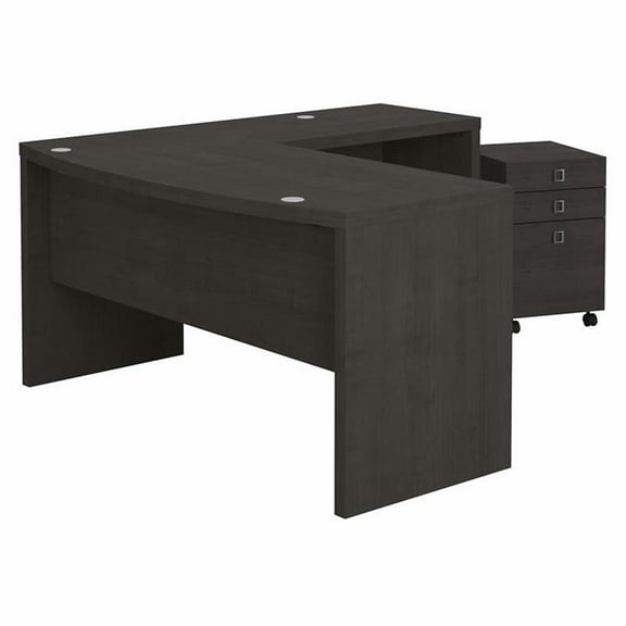 Pemberly Row Wood L-Shaped Bow Front Desk with Drawers in Charcoal Maple