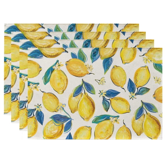 Lemon Placemats Set of 4,Washable Heat Resistant 12×18 Inch Linen Table Mats Yellow Place Mats for Party Outdoor Dining Décor