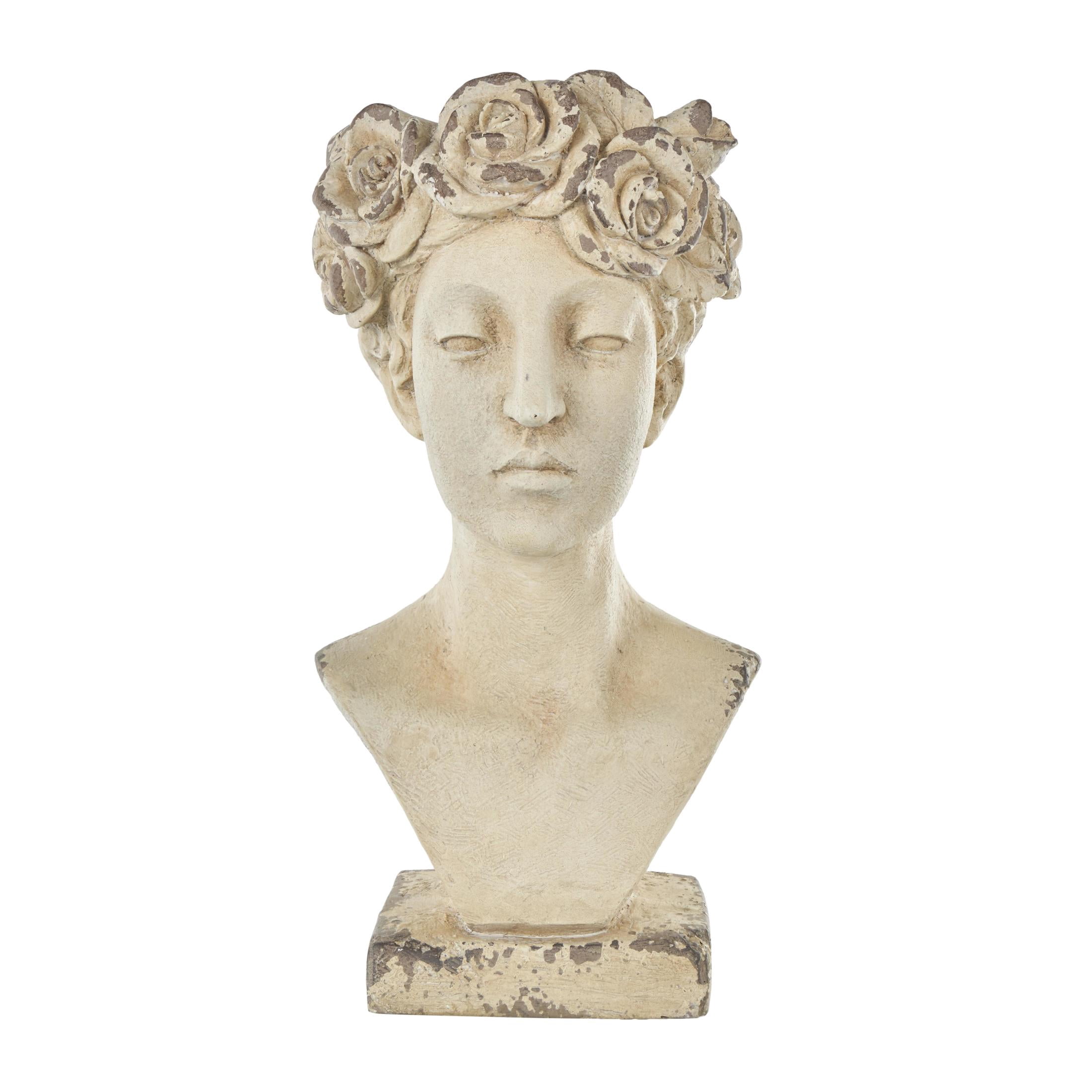 DecMode 11" x 22" Distressed Antique Greek Bust Cream Magnesium Oxide Woman Planter with Floral Accents