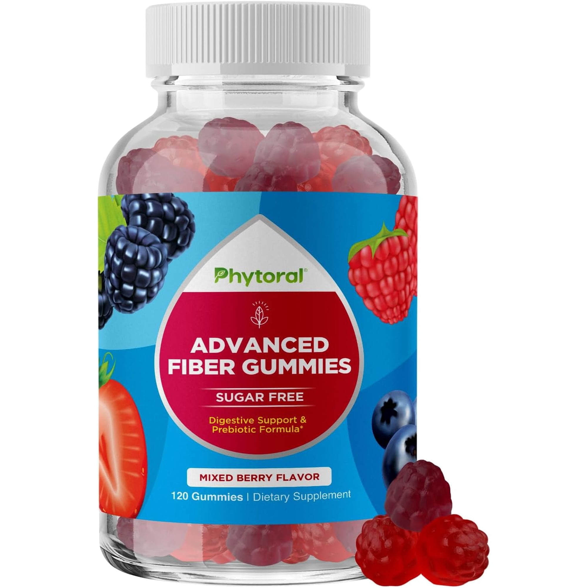 Phytoral Sugar Free Advanced Prebiotic Fiber Gummies, Digestive Health & Immune Support, Mixed Berry Flavor, 120 Count