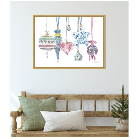 Kate and Laurel Framed Canvas Wall Art Print 'Vintage Hanging Ornaments' by Patricia Shaw, 24 x 18 Sylvie Bright Gold Frame, Vintage, Holiday Art for Wall Decor