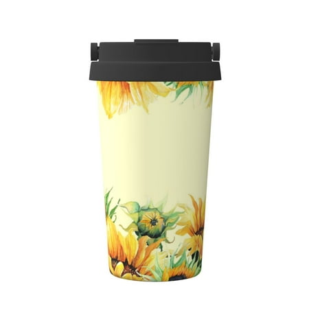 

Qekee Sunflowers On A Yellow Background Print Insulated Coffee Mug Coffee Tumbler Cup Thermos Mug Water Bottle with Handle & Flip