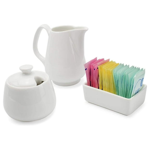Ceramic Sugar and Creamer Set - 3 Piece Coffee Tea Set with Sweetener Holder - White Stoneware - Elegant Table Setting for Home, Kitchen, or Gift