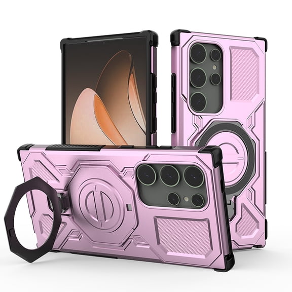 ELEHOLD For Samsung Galaxy S24 Ultra Rugged Case Shock-Resistant Magnetic Ring Kickstand Military-grade Rugged Non-Slip Grip Case Wireless Charging Compatible,Pink
