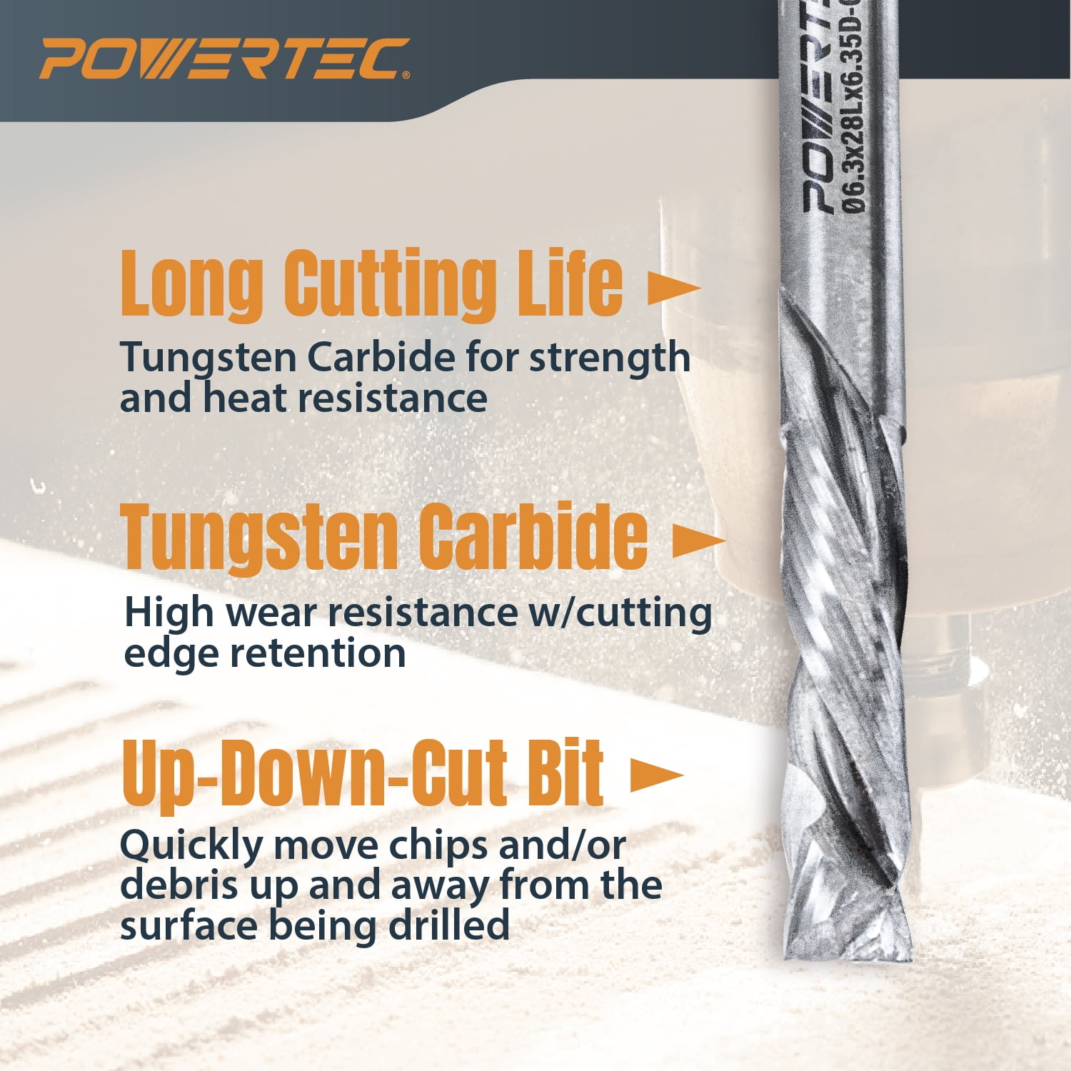 POWERTEC Up/Down Cut Compression 1/4" Spiral Router Bit, 1/4" Shank Carbide Router Bit w/1-7/64" Cutting Length & 2-1/2"Long.Fits CNC Router, Handheld Router, Router Table, Plunge Router,2PK(73039-P2)