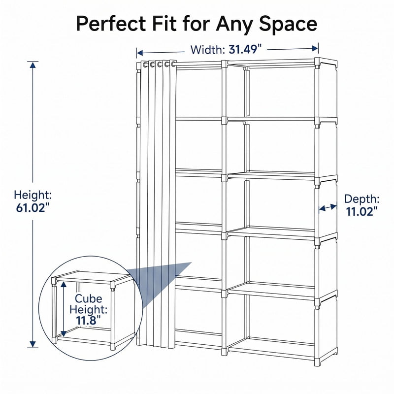 Cube Storage Organizer with Sliding Dustproof Curtain, 5-Tier DIY Freestanding Bookshelf & Closet Wardrobe, Translucent Cover Storage Cabinet for Bedroom, Living Room, Office,Black